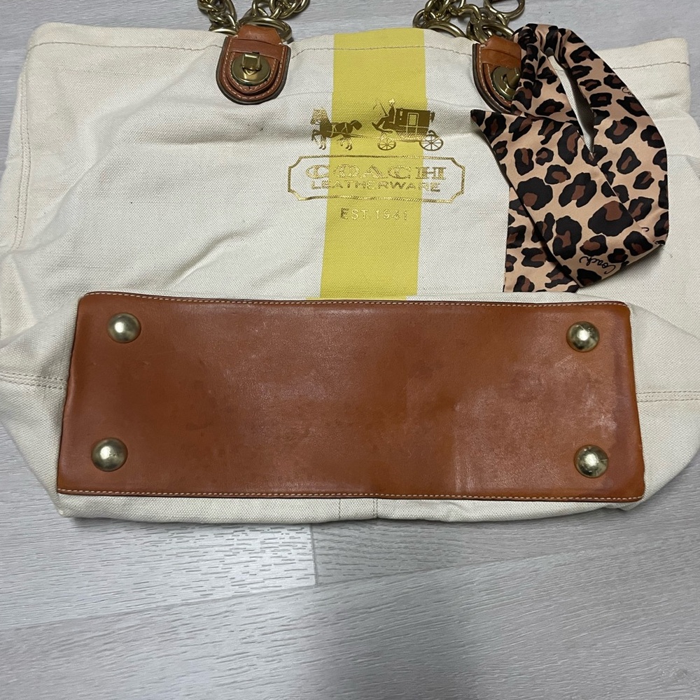 Coach Cream Tote with Yellow Stripe and Leopard Accent - Picture 2 of 5